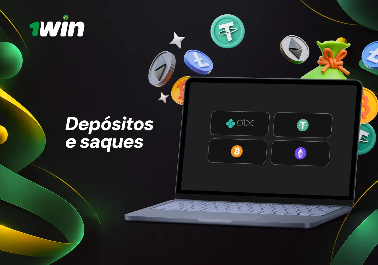 Métodos para depósito e saque, incluindo Pix e diferentes opções de criptomoedas.